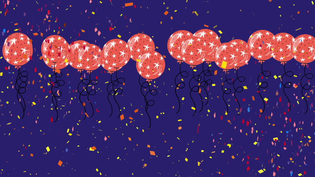 animación de globos rojos volando y confeti cayendo sobre un fondo azul oscuro
