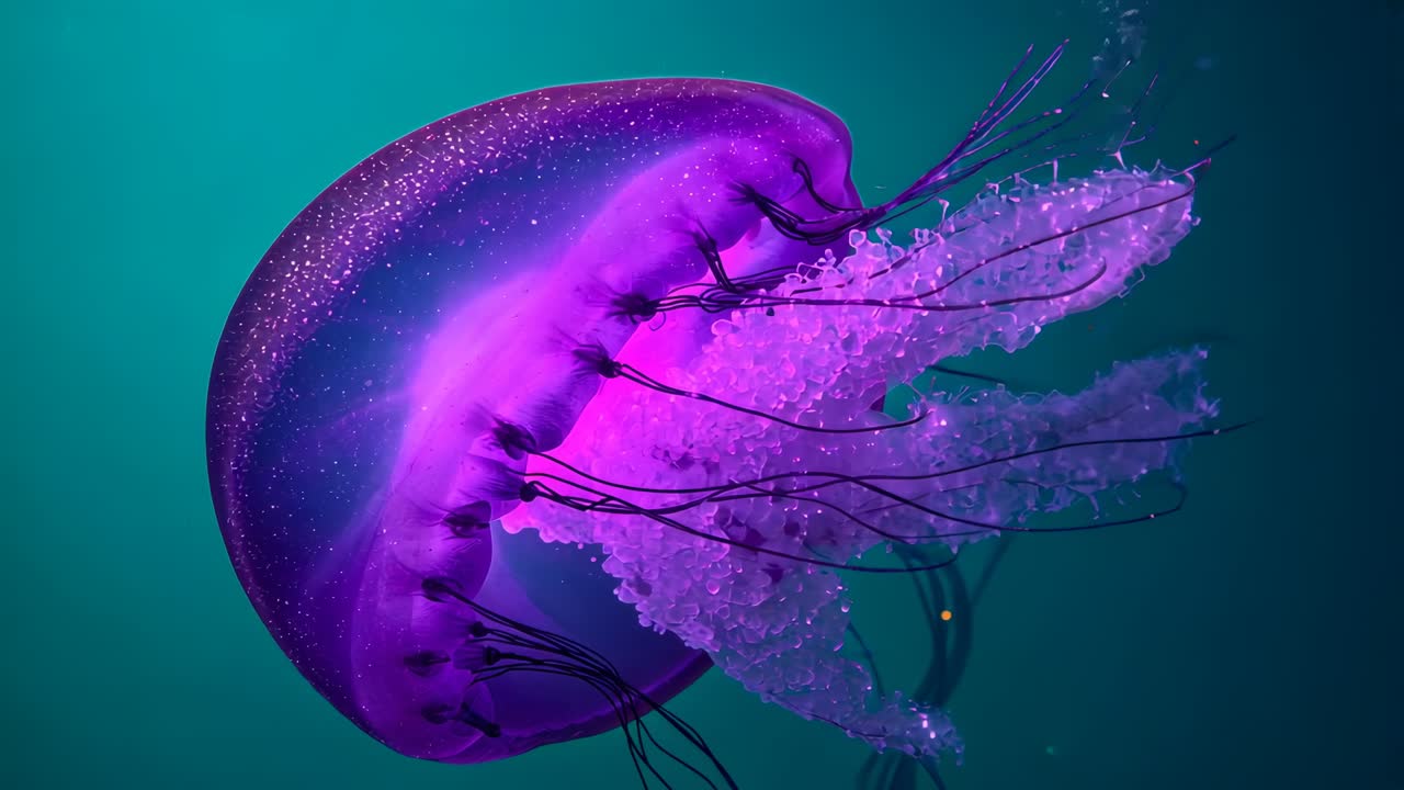 Pulsing purple jellyfish contracting bell and propelling forward in teal water, unfurling tentacles