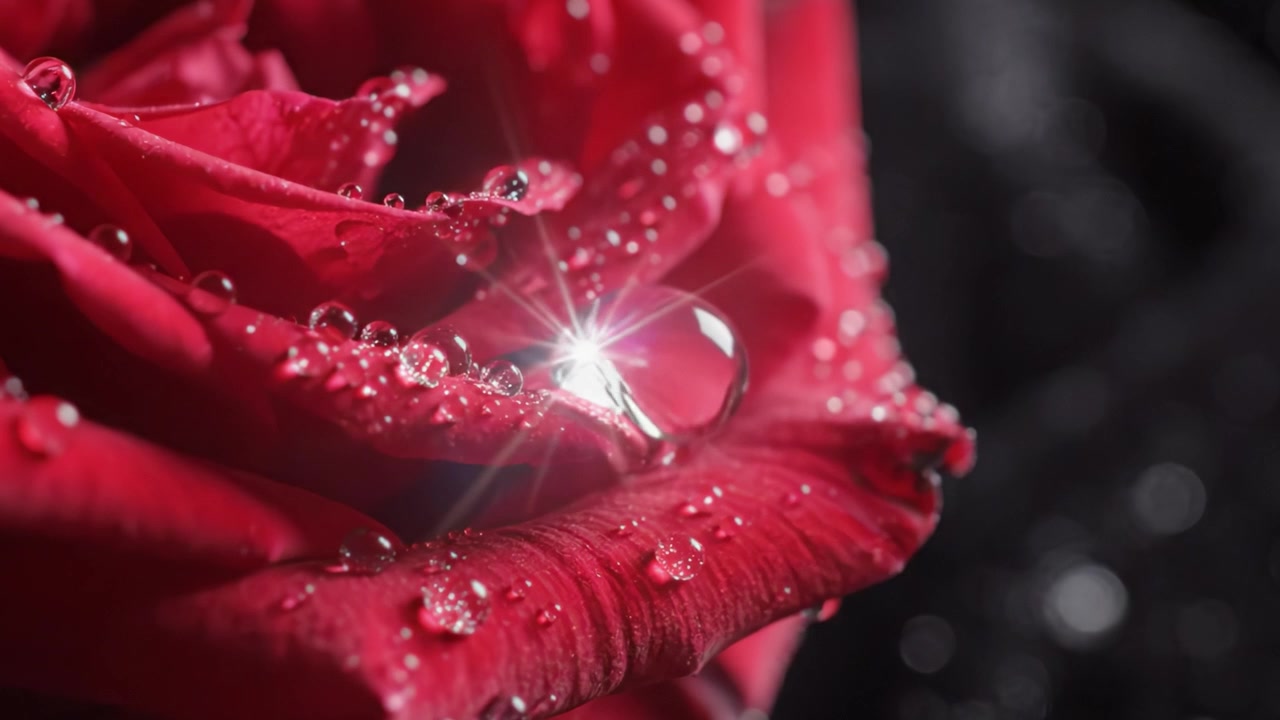 Intimate Close-Up of a Dew-Drenched Red Rose Petal Showcasing a Crystal-Clear Water Droplet Reflecting Light Elegantly