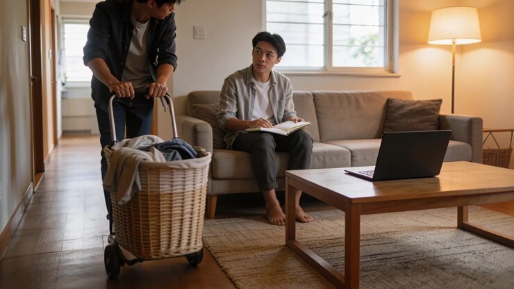 Watching barefoot Asian man writing notes on sofa at home, roommate entering pushing laundry cart
