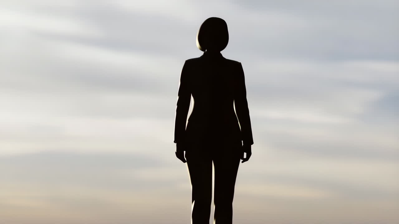 Silhouette of a Woman in a Suit Against a Cloudy Sky