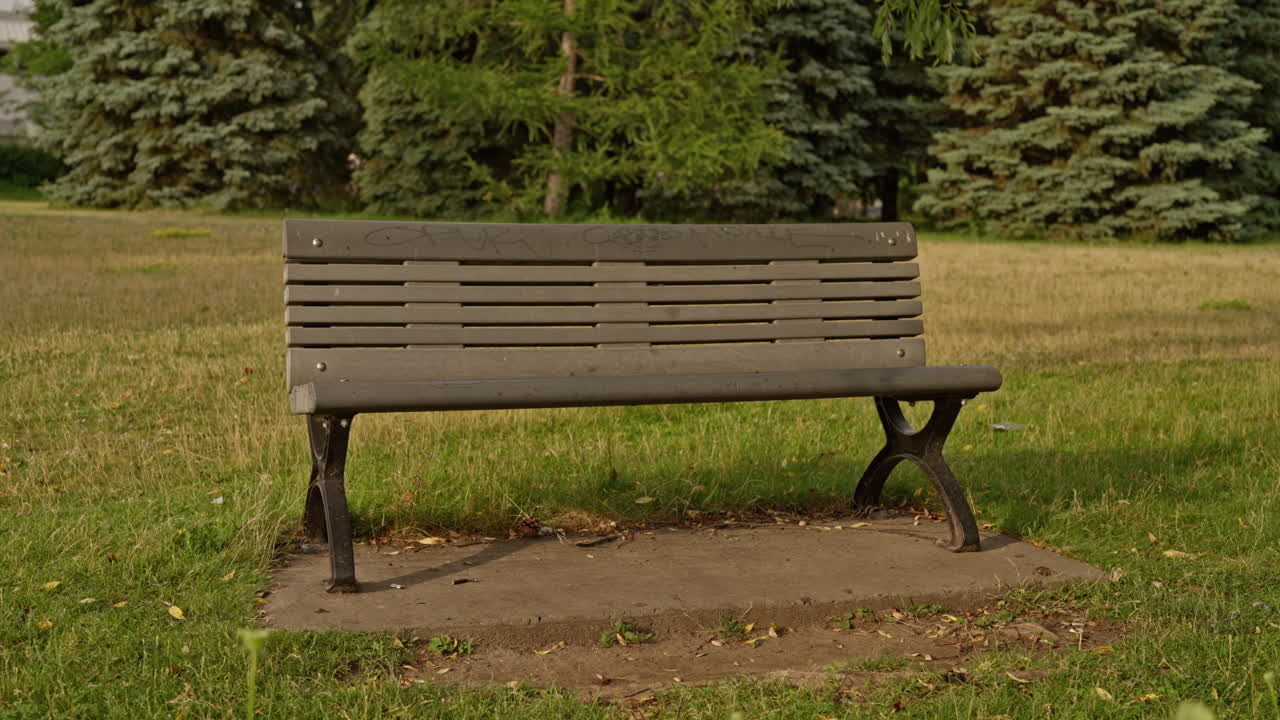 Slow dolly shot to the right past an empty bench in a quiet park. A cinematic and emotional scene evoking absence, memory, or the silent echo of someone who’s no longer there