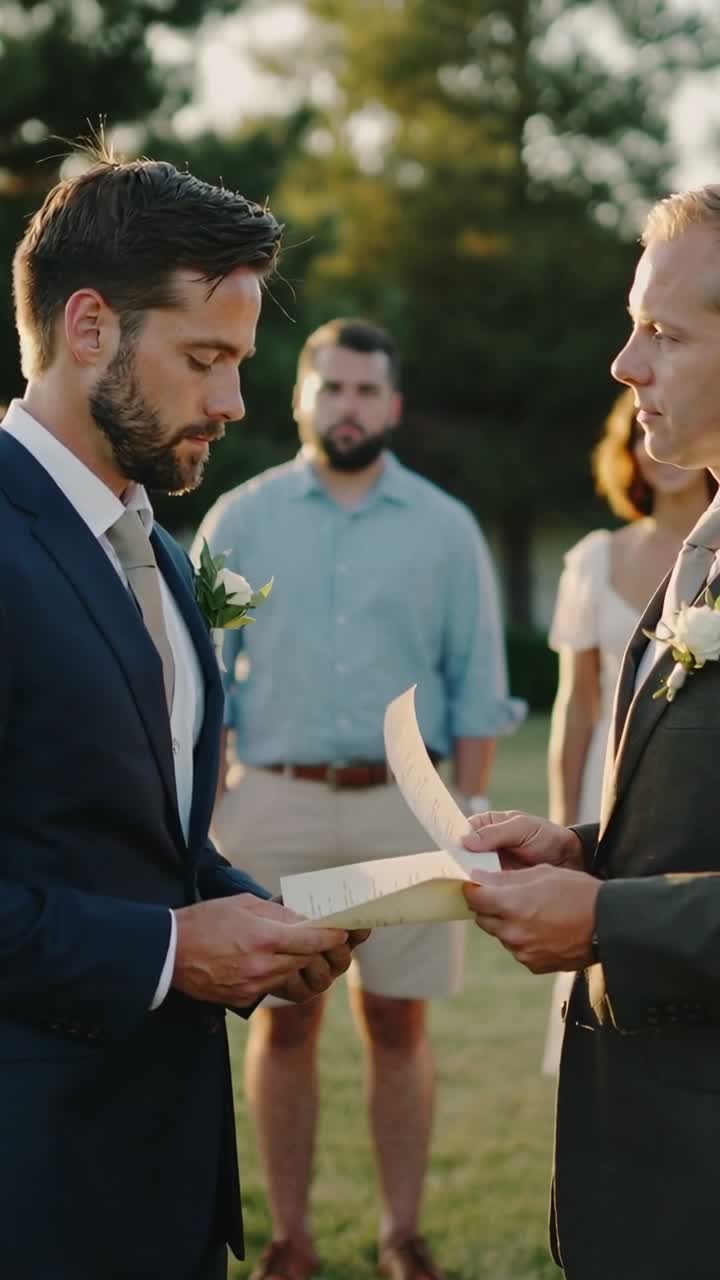 Partner di sinistra che inizia a leggere le promesse nuziali, partner di destra che sfoglia le pagine mentre un testimone osserva al matrimonio.