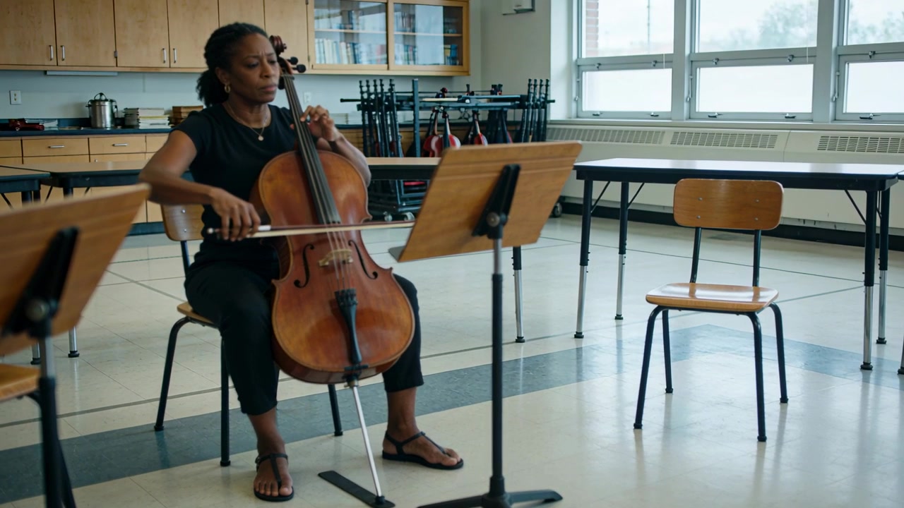Placing endpin, woman in black clothes positioning cello, bowing and reading score in school room