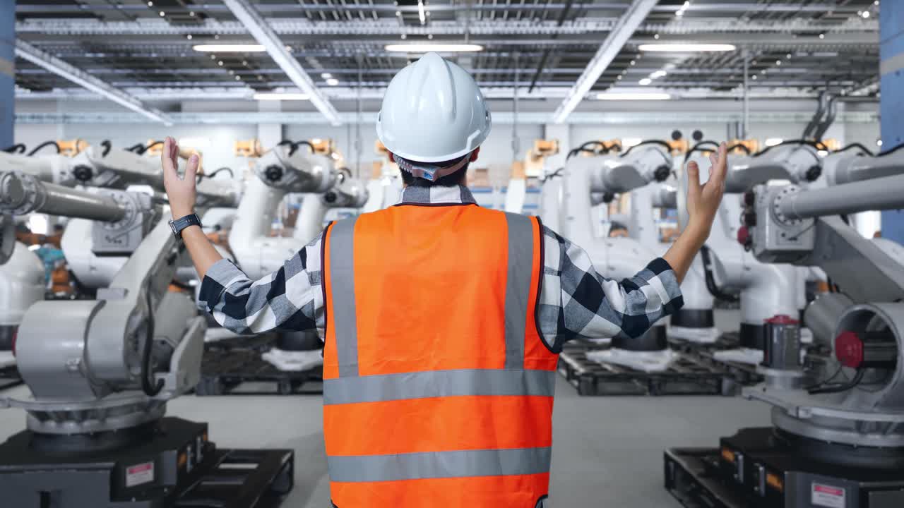 Engineer Observing Industrial Robots in a Factory