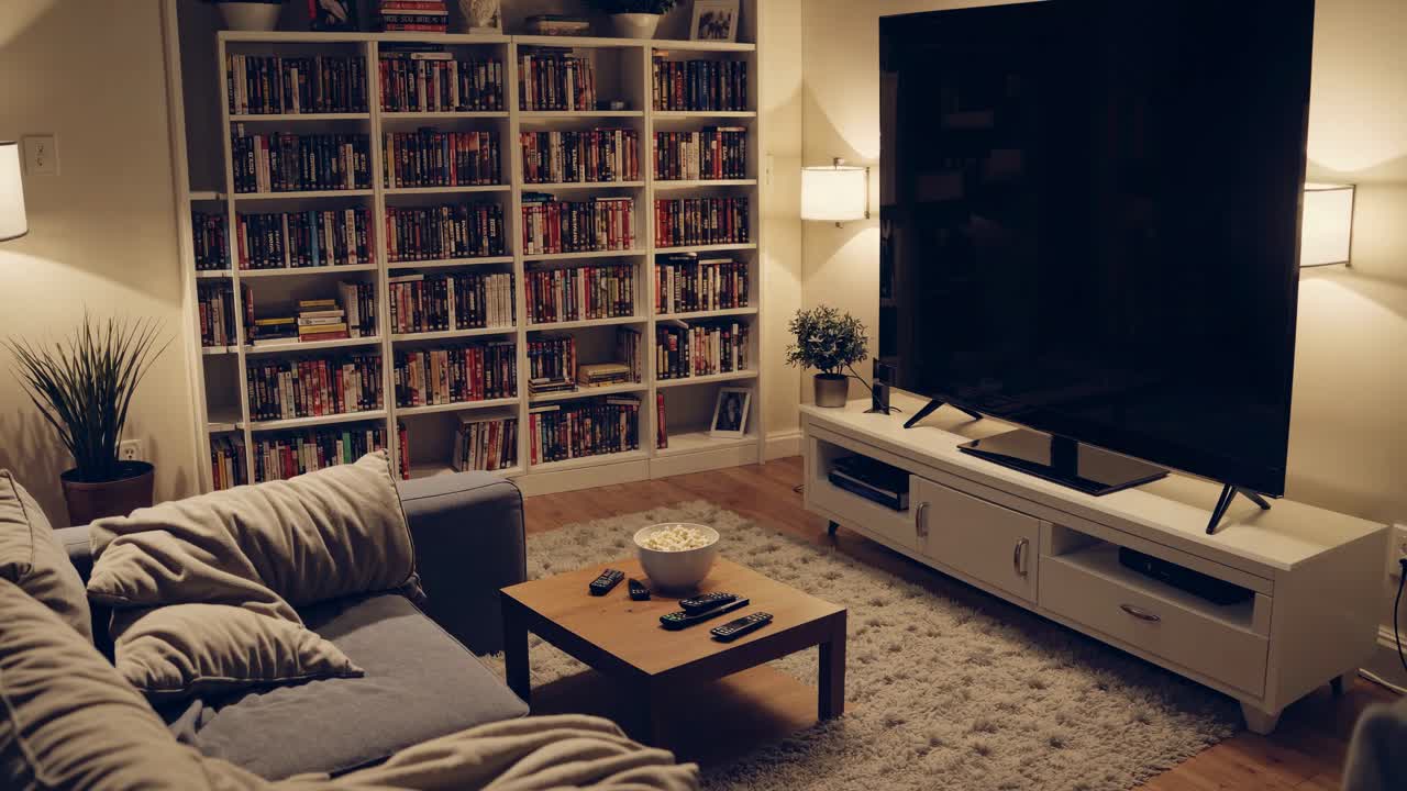 Cozy living room setup with a wide-angle view, featuring a large TV for video watching