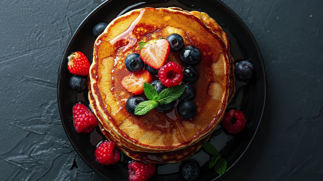 deliciosa pila de panqueques con bayas frescas y almíbar