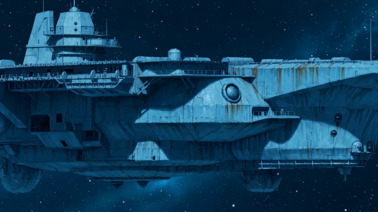 Panning camera revealing large multi deck ship hull in space to show porthole and rust streaks