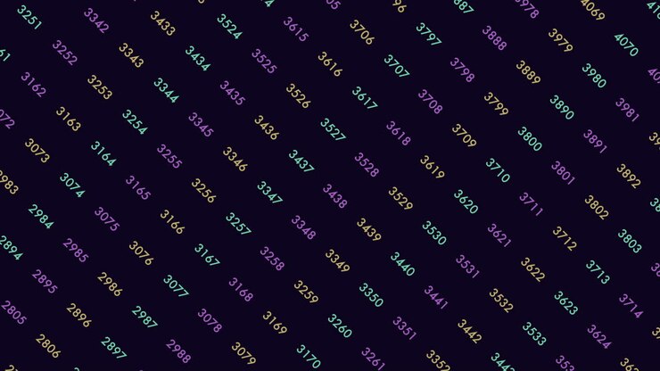 Abstrakt digital baggrund med flerfarvede tal, der bevæger sig diagonalt hen over en mørk skærm, hvilket antyder big data, analyser, kodning, kryptering og teknologivisualiseringer