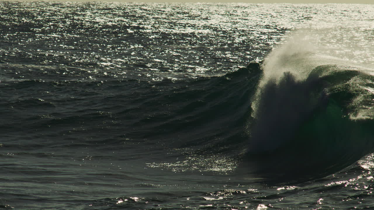 Dramatic ocean swell rises and folds over in golden hour light with clean texture and spray