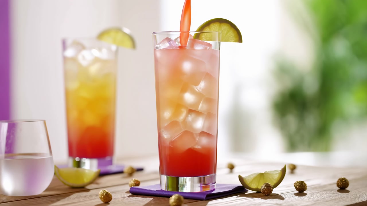 Un'inquadratura statica ravvicinata di bevande rinfrescanti disposte in un ambiente interno luminoso con vegetazione sullo sfondo, con cubetti di ghiaccio, cannucce e lime, creando un'atmosfera fresca e invitante per un drink.