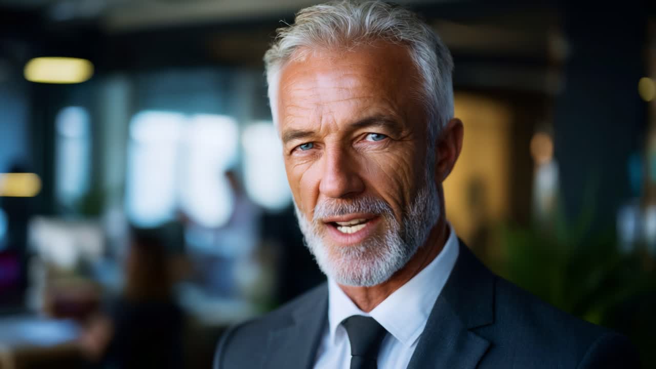 Selvsikker senior forretningsmand, der udviser lederegenskaber i et moderne kontormiljø, fanget i en livlig og professionel atmosfære