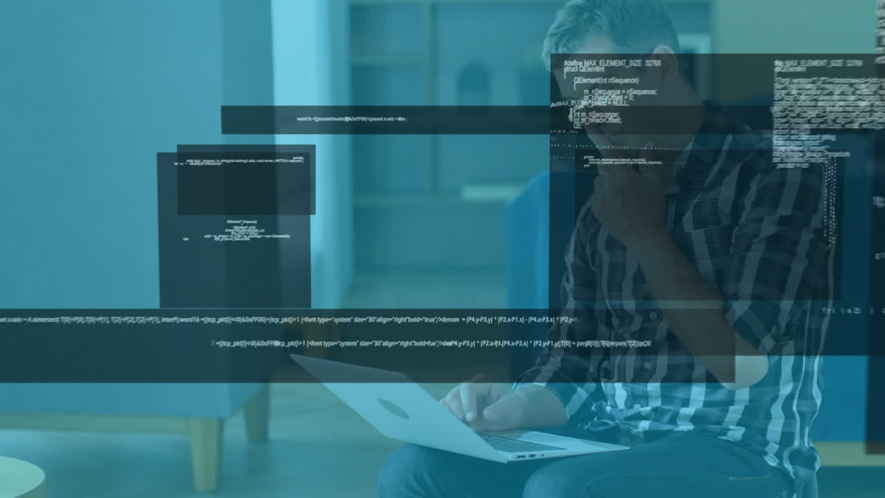 Animation of data processing over businessman using laptop