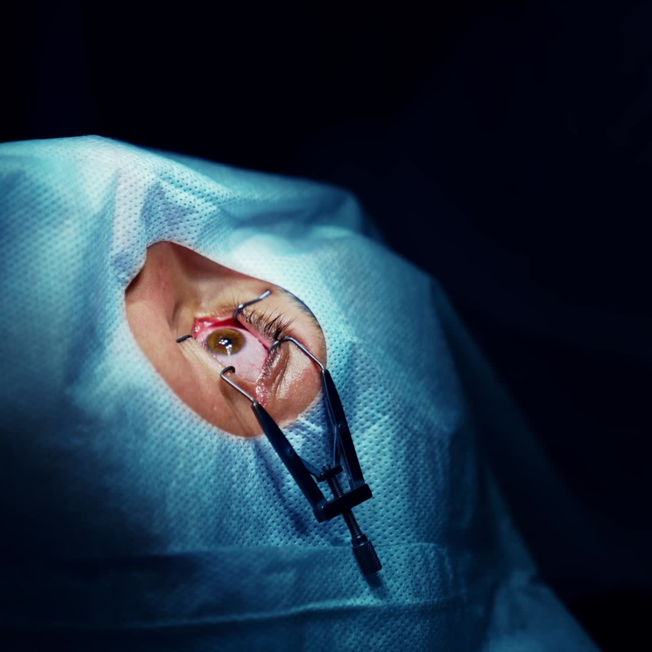 Medico che cura gli occhi del paziente. Primo piano dell'occhio durante l'intervento chirurgico in una clinica oftalmologica.