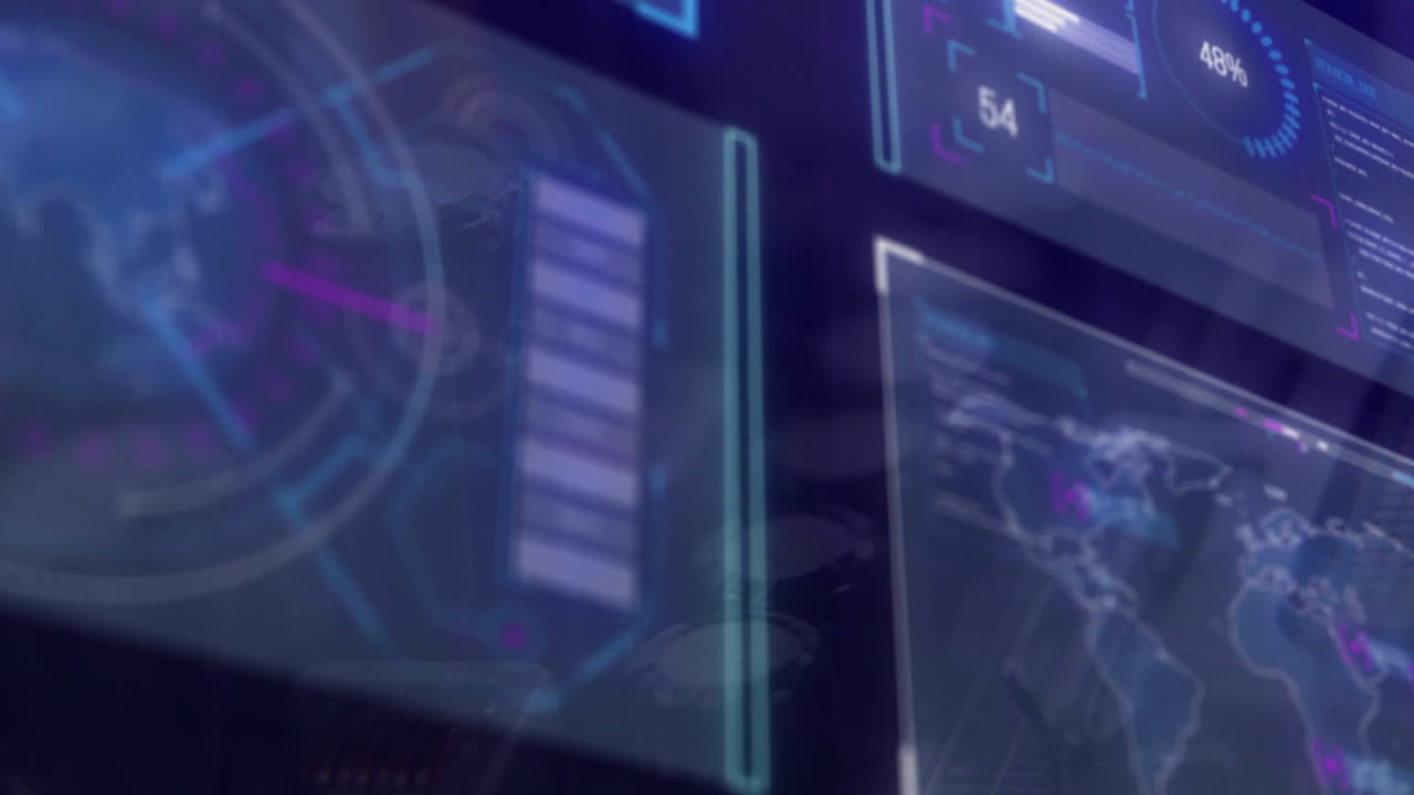 animación del procesamiento de datos y diagramas sobre fondo azul