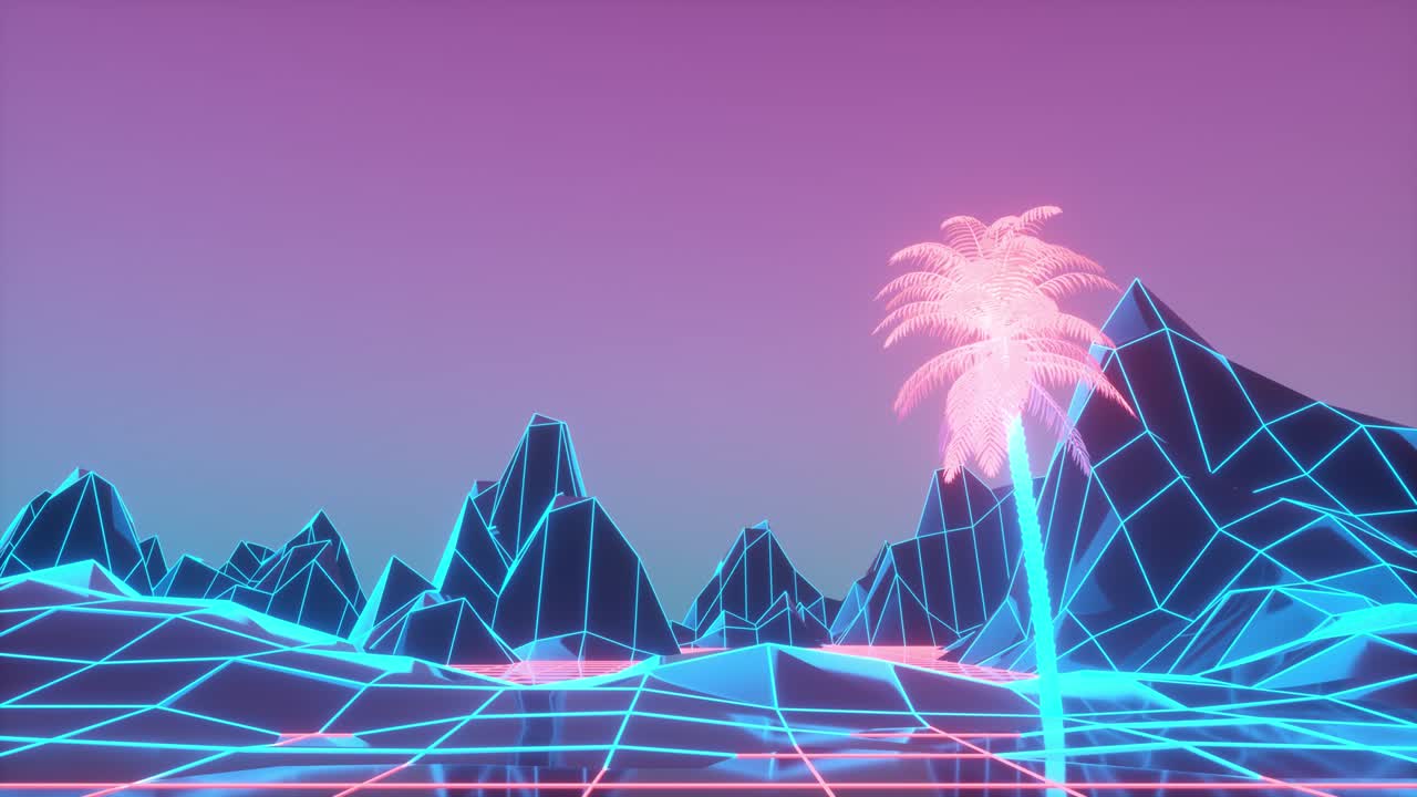 80s retrowave neon background. Loop animation with palm trees and computer generated terrain