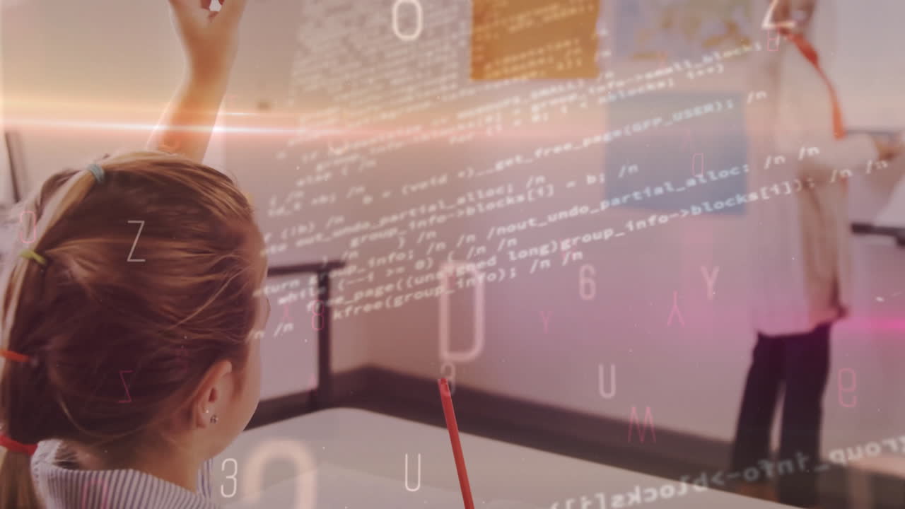 student raising hand in class, teacher illustrating digital technology with floating code overlays