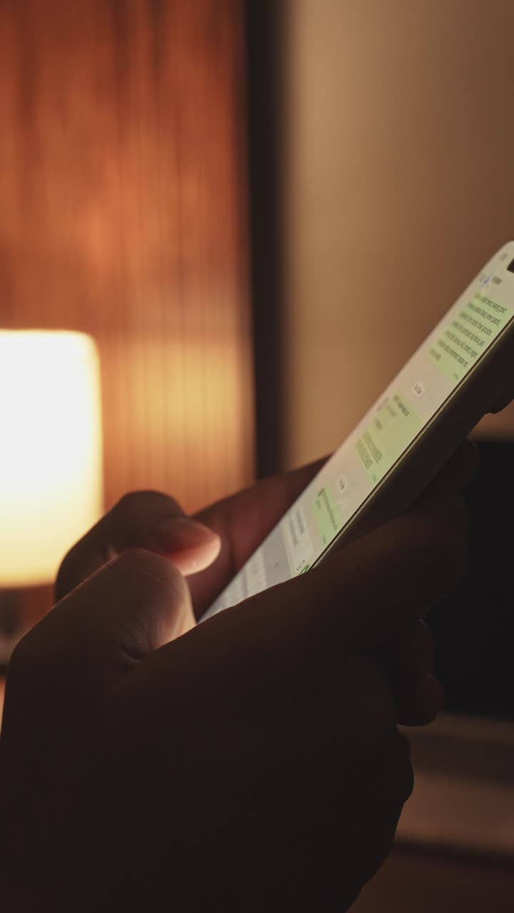 Mani di uomo che chattano e digitano su uno smartphone, in primo piano macro. Una persona irriconoscibile digita un messaggio di testo toccando la tastiera touchscreen tramite l'applicazione WhatsApp sui social media. L'utente tiene in mano il telefono cellulare