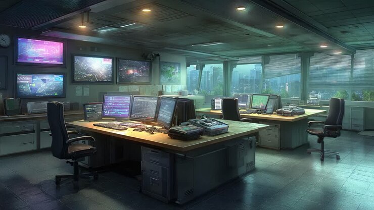 Una sala di controllo ad alta tecnologia che mostra workstation avanzate con schermi multipli, monitor ed equipaggiamento futuristico in un contesto urbano moderno