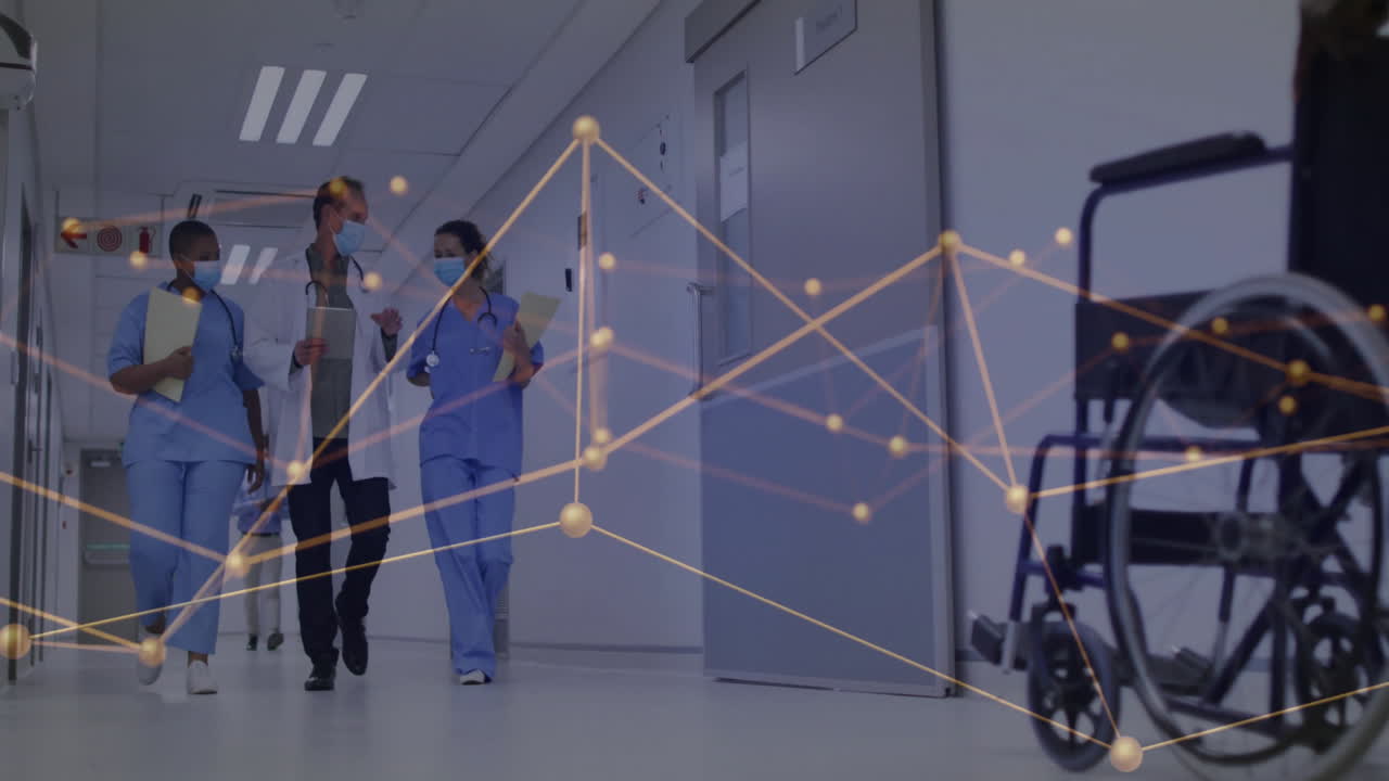 Healthcare professionals in hospital corridor with network connections and data processing animation
