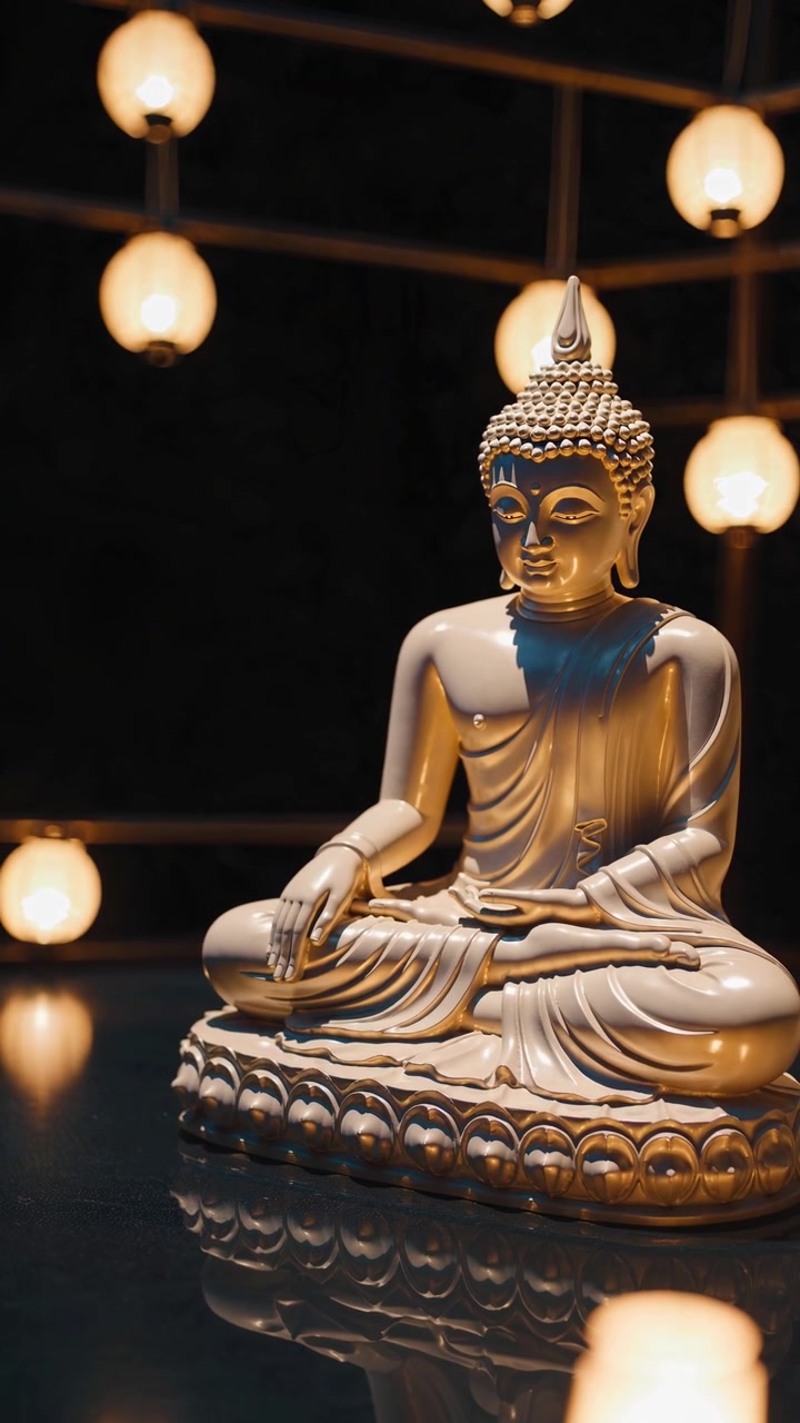Statua dorata di Buddha seduto in meditazione con illuminazione ambientale soffusa