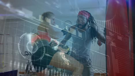 Animation-of-data-processing-over-woman-boxing-with-male-coach-in-gym