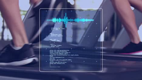 Animación-Del-Procesamiento-De-Datos-Sobre-Mujeres-Corriendo-En-Cinta-Rodante,-Haciendo-Ejercicio-En-El-Gimnasio