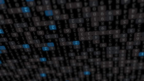 animation of texture with numbers on moving black, grey and blue dots