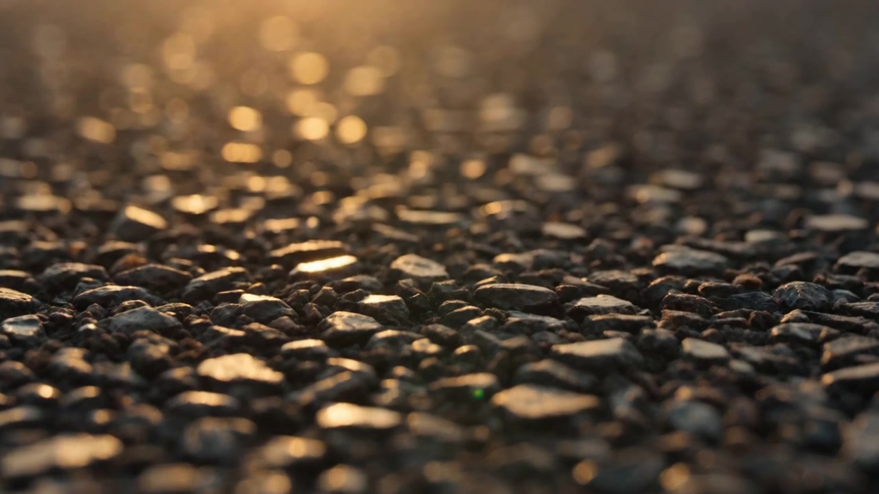 Vista ao nível do solo de cascalho e seixos molhados preenchendo do primeiro plano ao fundo, com um plano focal raso mantendo a área inferior nítida, enquanto o plano médio e o fundo se dissolvem em um bokeh circular suave.