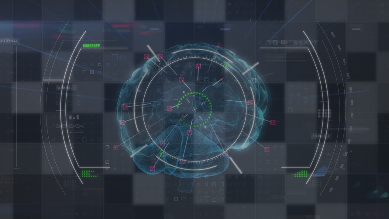 animación de la pantalla digital con glitch, visor y cerebro
