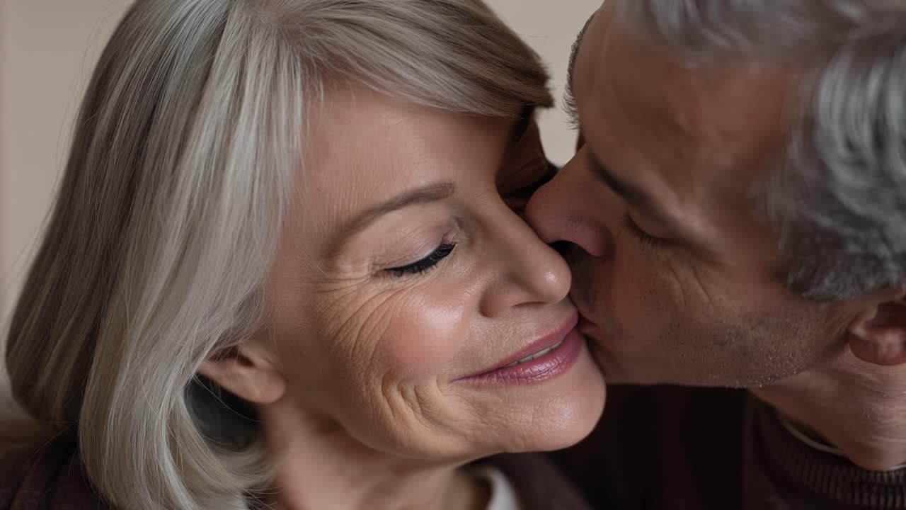 Un sorriso caloroso le illumina il viso mentre lui le bacia la guancia. Un affetto delicato si irradia in un momento tranquillo e intimo. Capelli argentati incorniciano la sua espressione gioiosa. L'amore sembra sicuro, condiviso e profondamente personale.