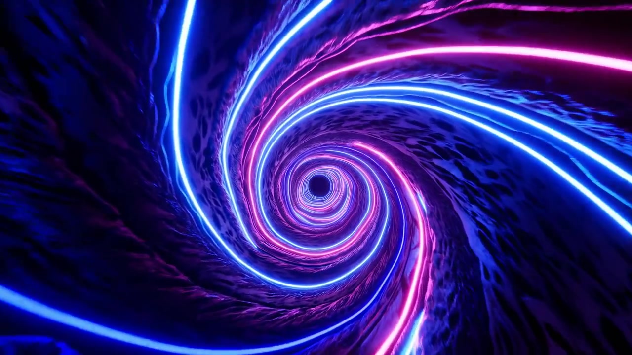 Scie luminose blu e rosa si attorcigliano in un centro scuro, formando un vivido tunnel astratto con forte profondità, movimento e un'atmosfera digitale futuristica