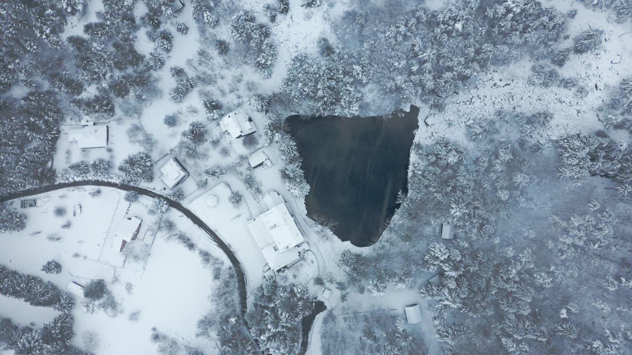 눈 인 숲, 호수, 그리고 평온 을 불러일으키는 오두막 들 의 겨울 공중 풍경