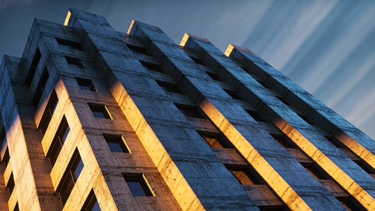 Tilting camera revealing concrete tower facade from street, showing recessed windows and warm bands