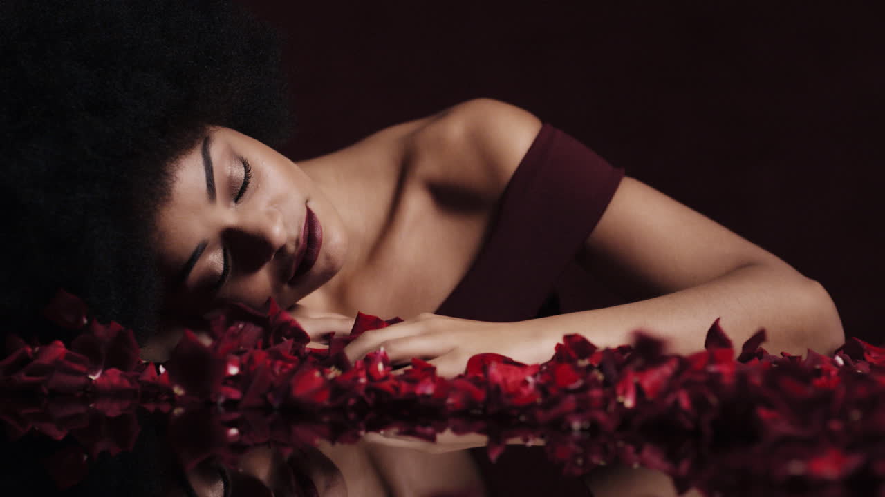 portrait beautiful african american woman with afro red rose petals blowing sensual female looking seductive dreaming of intimate fantasy romance indulging desire in valentines day concept