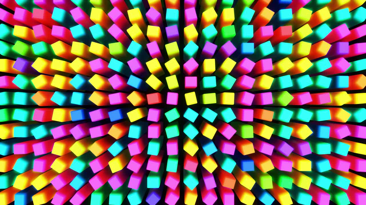 fondo geométrico simple abstracto en 3d con cubos multicolores en 4k. animación en bucle suave. cubos giratorios forman una estructura en cascada. fondo de diseño de movimiento simple creativo con objetos en 3d. bucle vj