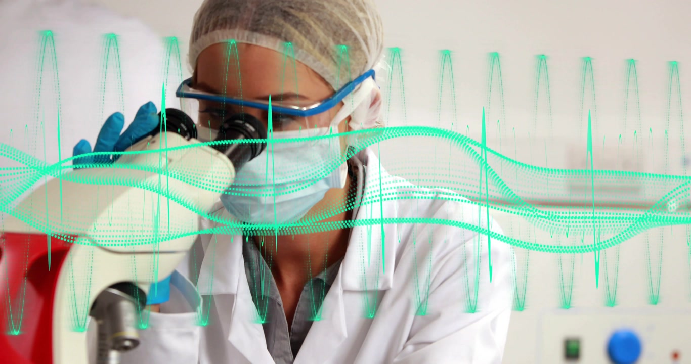 Lab worker placing tube at microscope tuning focus and analyzing while teal waveform flowing across
