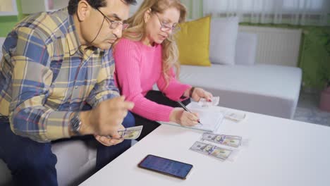 una pareja madura calculando facturas, impuestos y gastos creando el concepto de ahorro.