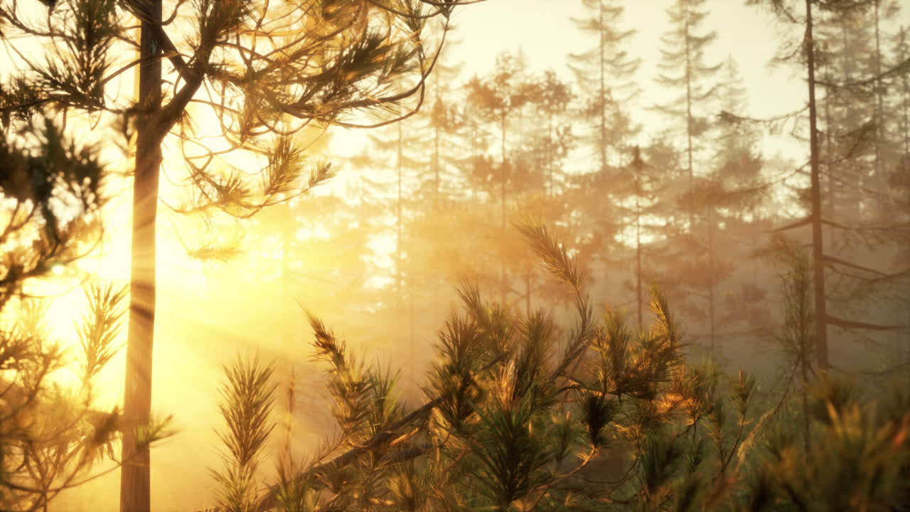 золотой час восхода и захода солнца в туманном сосновом лесу