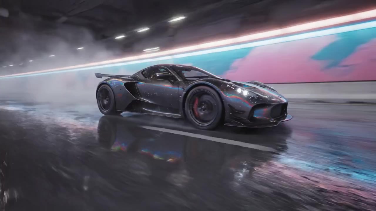En elegant og kraftfuld sportsvogn ræser gennem en farverig tunnel med dynamisk belysning og visuelle effekter, der fremviser spændingen ved bilpræstation og design.