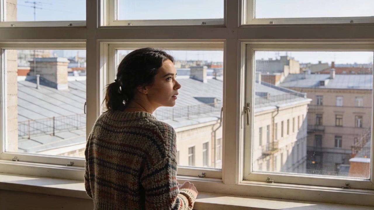 Sunlight drawing woman in striped knit at home turning, resting on sill, watching roofs, copy space