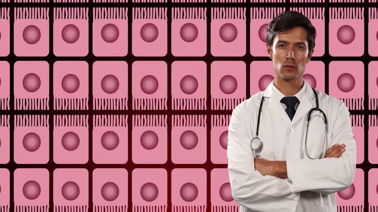 검은 바탕에 분홍색 세포 위에 두 인종의 남성 의사의 애니메이션