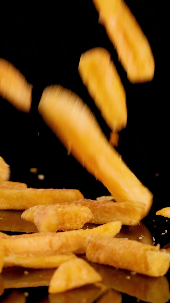 Batatas fritas douradas e crocantes caindo sobre uma superfície preta brilhante, iluminação de estúdio dramática, em câmera lenta.