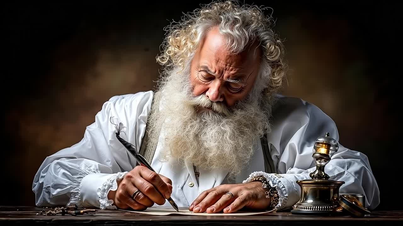 A man with a long white beard writing on a piece of paper