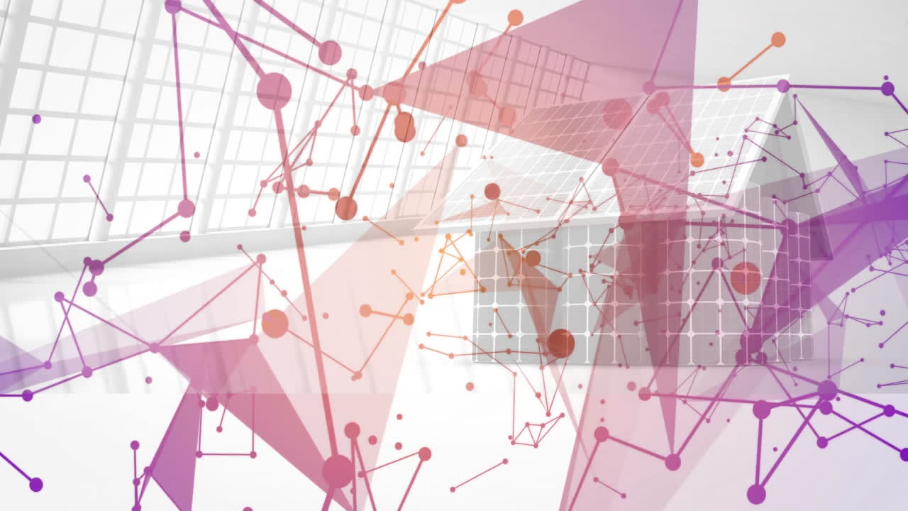 Solar panel modules floating in animated illustration, blending translucent geometric network lines