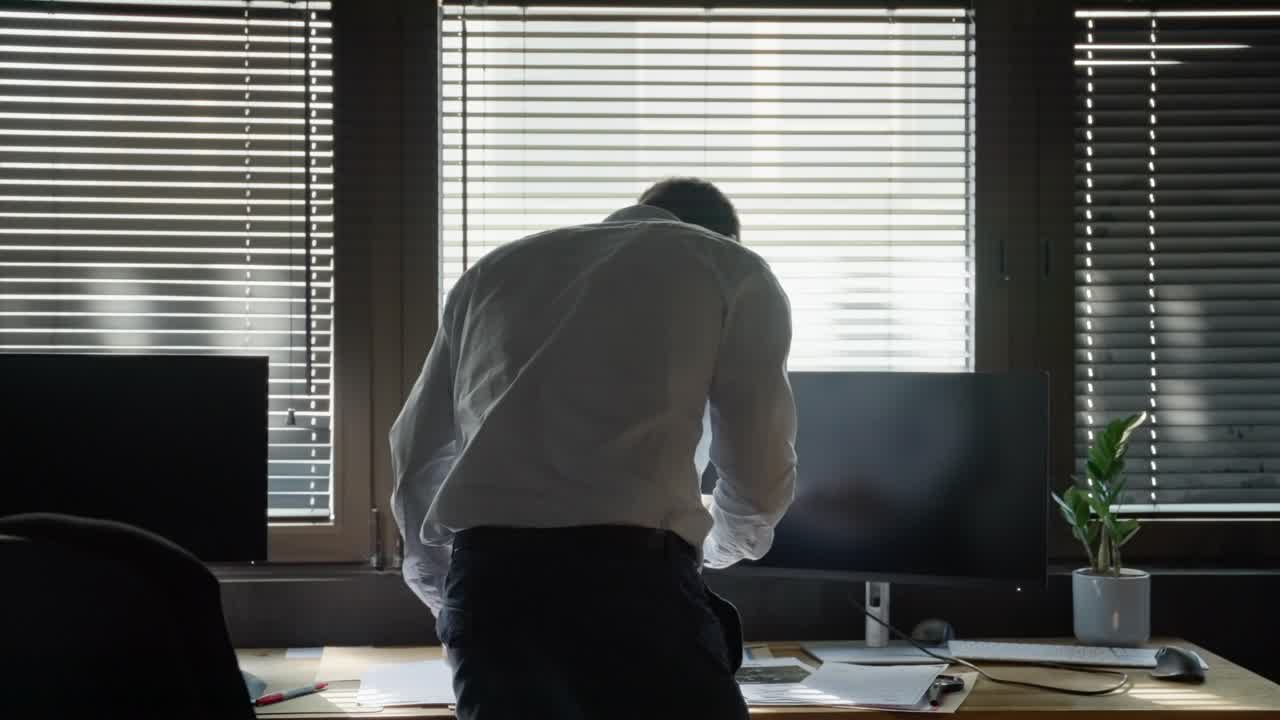 Suited man, agent, spy, or thief, at office desk, scanning confidential files while anxiously glancing back, fearing someone’s arrival. Back shot secrecy, tension, crime, and classified intelligence.