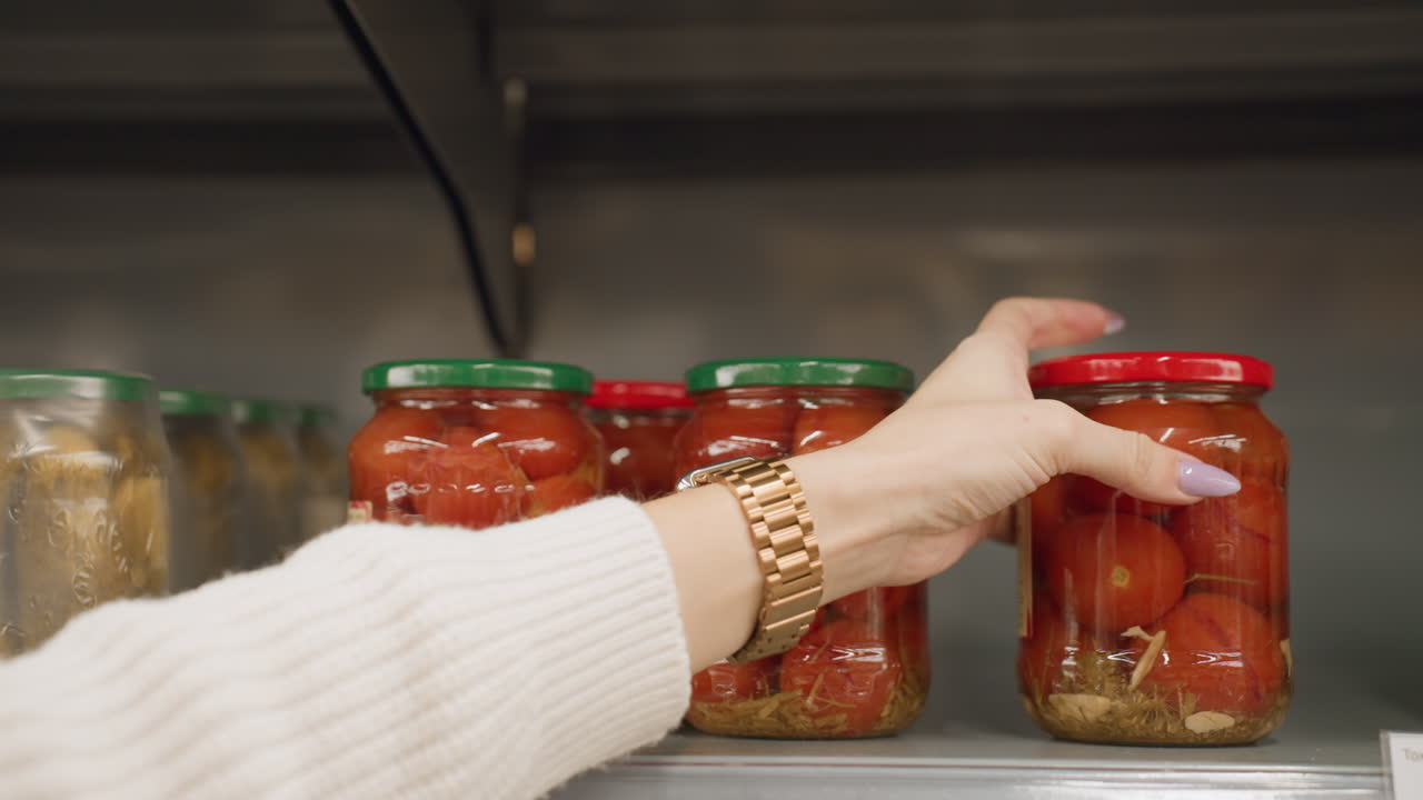 Close up of grocery shopper placing transparent glass jar of tomatoes back on metal shelf rails in supermarket aisle with polished nails wrist watch tapping red lid on blurred shelf