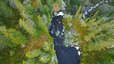 overhead view of water flowing down to the waterfalls within the forest during autumn in sweden