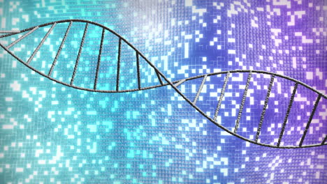 dna strand over digital pixelated background, scientific data processing animation