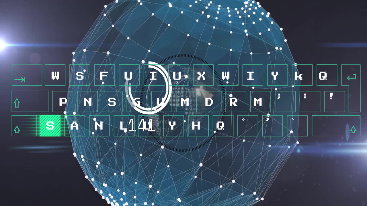 Digital network sphere with encrypted text and glowing connections animation